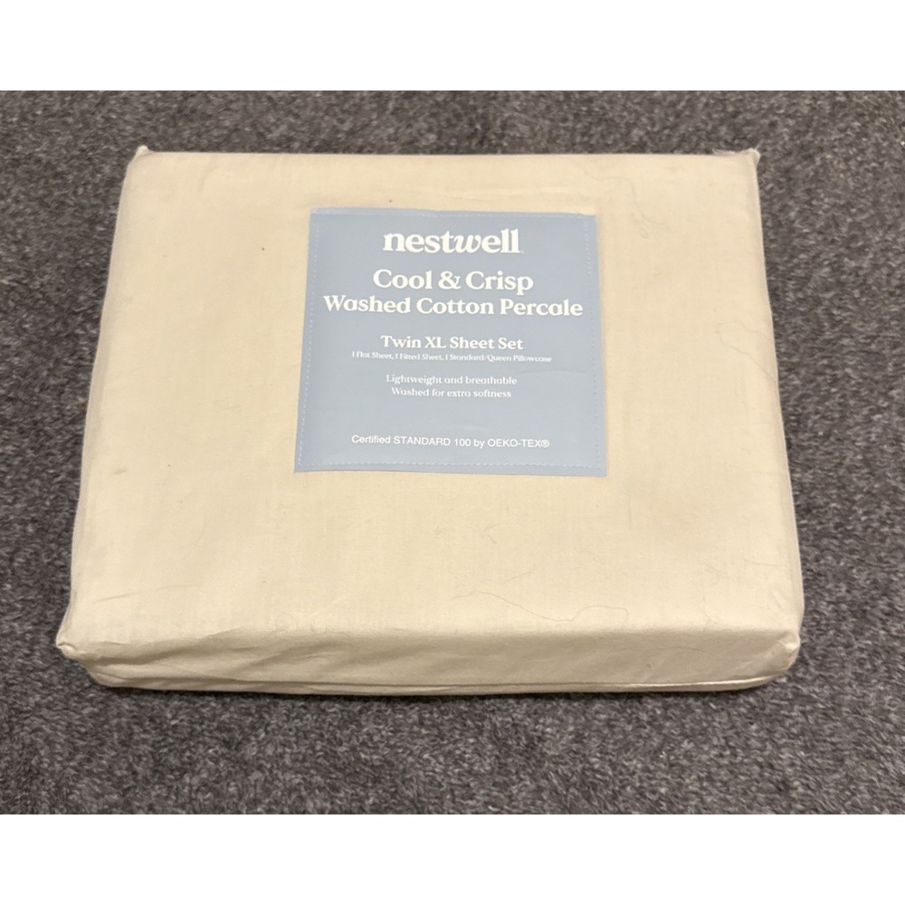 Nestwell Cool & Crisp Washed Cotton  Percale Twin XL Sheet Set Cream Beige